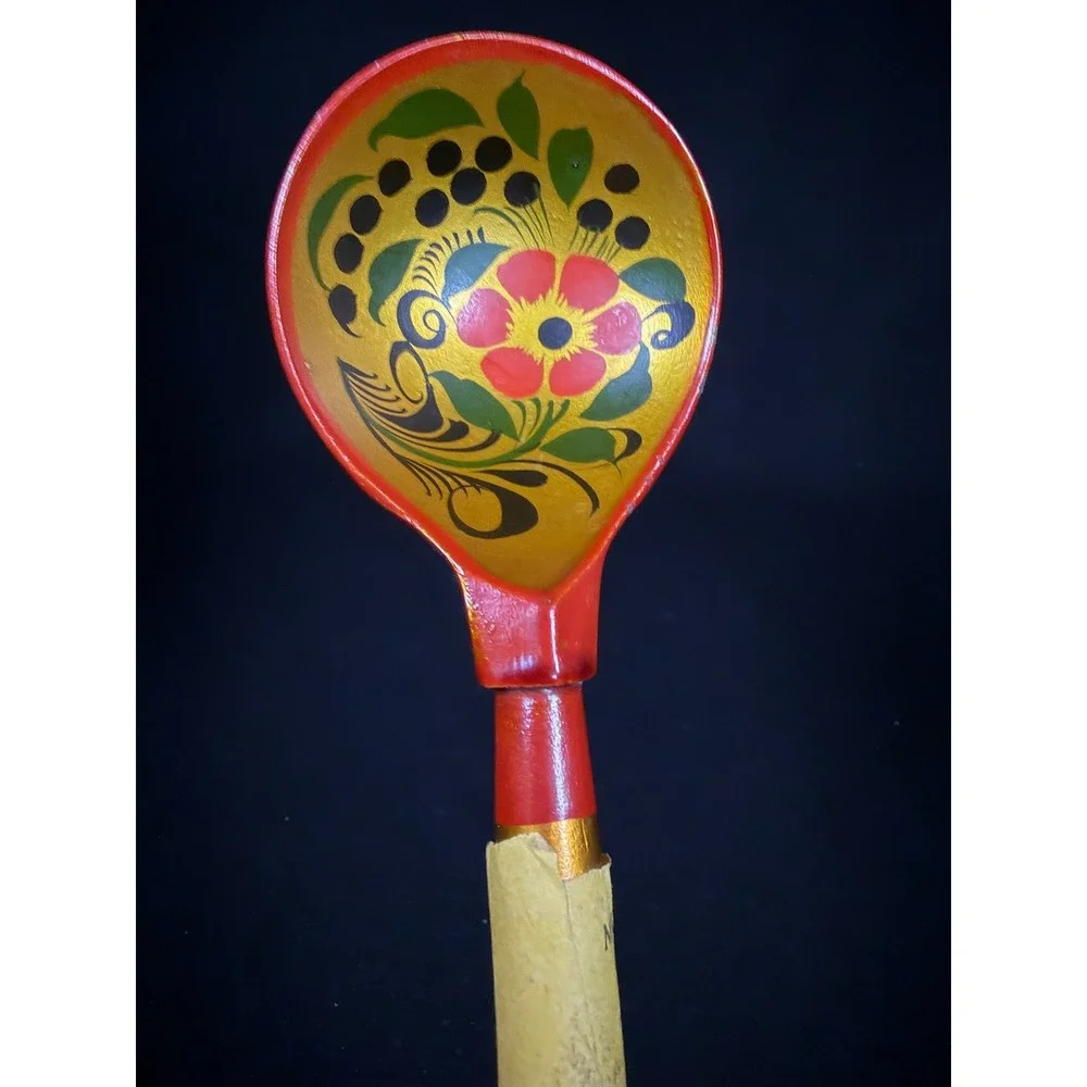 Vtg Khokhloma Russian Folk Art Wooden Spoon Hand Painted Made in‎ USSR Red Gold